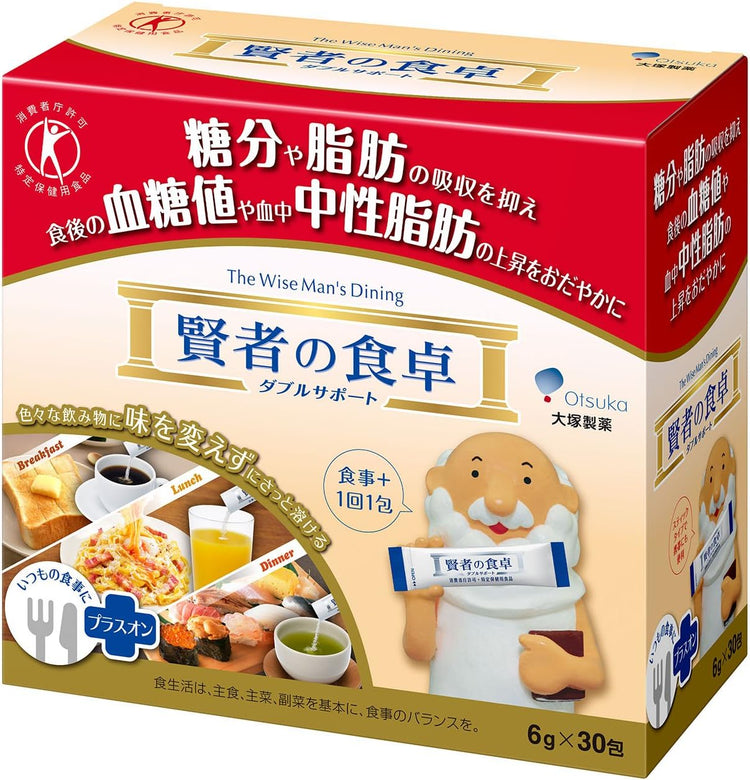 日本製大塚製藥賢者之食卓 6g x 30 包裝盒與條裝設計，展示粉末倒入奶茶中高水溶性無色無味的溶解過程，主打阻糖隔油與腸道健康管理。