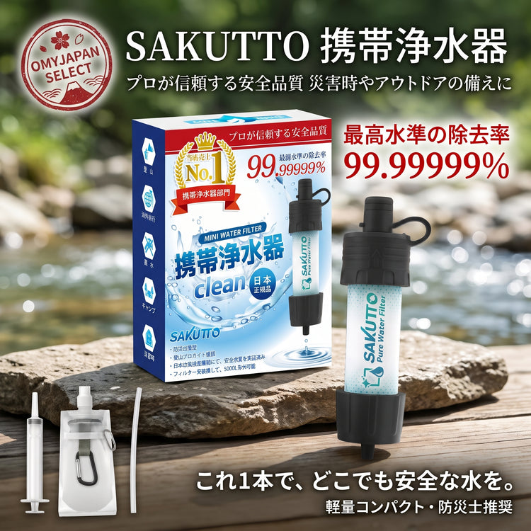 日本直送-SAKUTTO代購-攜帶型戶外防災淨水器50g-日本進口携帯浄水器登山露營應急99.99999百分比除菌過濾5000L-金水相生化濁為清-戶外生存裝備照