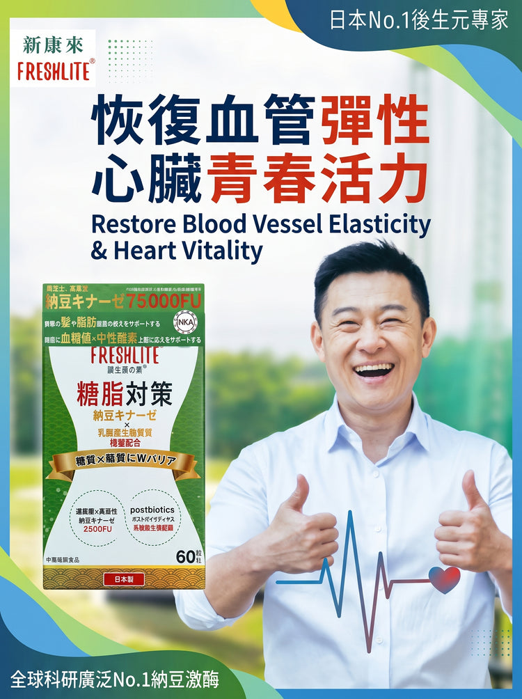 日本製-FreshLite代購-糖脂對策NSKSD高活性納豆激酶W雙重屏障膠囊60粒裝-日本進口專利納豆激酶排除維他命K2天然後生元難消化性糊精阻斷糖脂保護血管循環暢通-滌蕩濁瘀活血通絡-日系健康食品保健品照